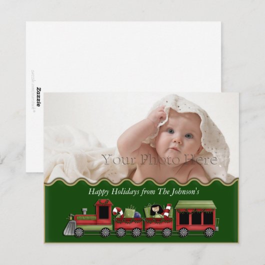 Fotokaart met groene kersttrein feestdagenkaart (Voorkant / Achterkant)