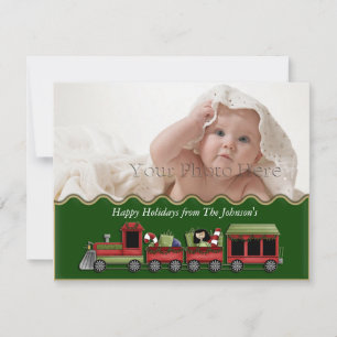 Fotokaart met groene kersttrein feestdagenkaart