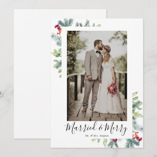 Fotokaart met huwelijksfeestdag en feestelijke Pas Feestdagenkaart (Voorkant / Achterkant)