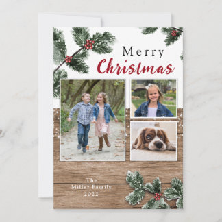 Fotokaart met kerstfeestvieren met roestvrij hout feestdagenkaart