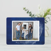 Fotokaart op blauwe achtergrond met vonken feestdagenkaart (Staand voorkant)