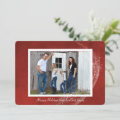 Fotokaart op kerstrode achtergrond en vonken feestdagenkaart (Staand voorkant)