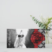 Fotokaart Red Rose Damask Black White Feestdagenkaart (Staand voorkant)