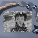 Fotokaart van Lijst Hanukkah, bevroren Feestdagenkaart<br><div class="desc">Eenvoudige en chic Hanukkah-fotokaart biedt uw favoriete familiefoto met een witte bokeh-grens die de blik van een ijzige, bevroren ruit oproept. "Happy Hanukkah" verschijnt onderaan in het moderne witte schrift. Pas uw familienaam en/of aangepaste groet aan in het ontwerp. Kaarten keren terug naar een subtiel wijnpatroon in het rijke marineblauw....</div>