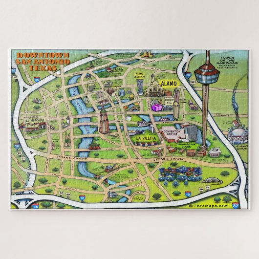 Fotokaart van San Antonio Texas Cartoon Legpuzzel (Horizontaal)
