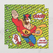 Fotokaart van superheld stripverjaardagsfeest kaart (Voorkant / Achterkant)