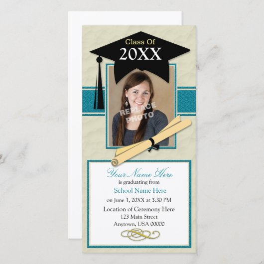 Fotokaart voor aankondiging van afstuderen - Blauw (Voorkant / Achterkant)