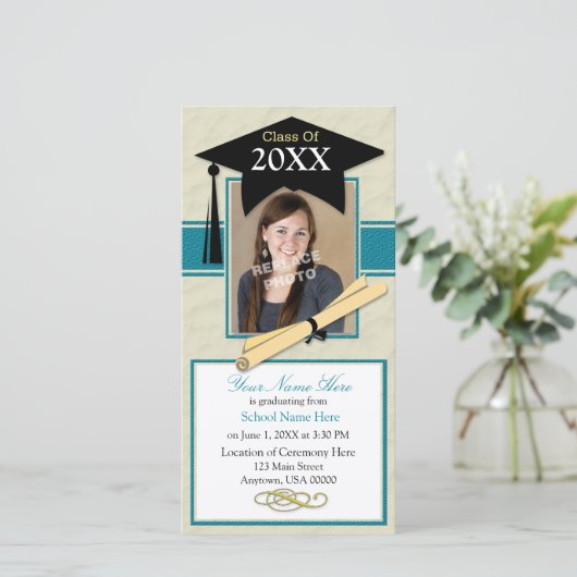 Fotokaart voor aankondiging van afstuderen - Blauw (Staand voorkant)