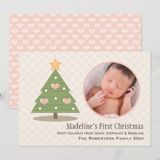 Fotokaart voor de eerste kerstboom van roze baby feestdagenkaart (Voorkant / Achterkant)