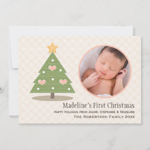 Fotokaart voor de eerste kerstboom van roze baby feestdagenkaart