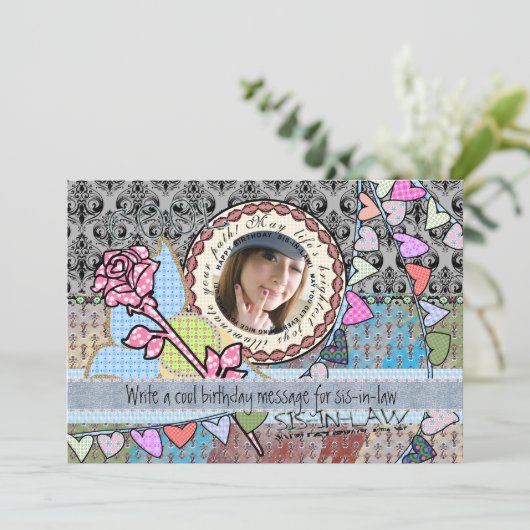 Fotokaart voor grappige verjaardagsdag - schoonzus kaart (Staand voorkant)
