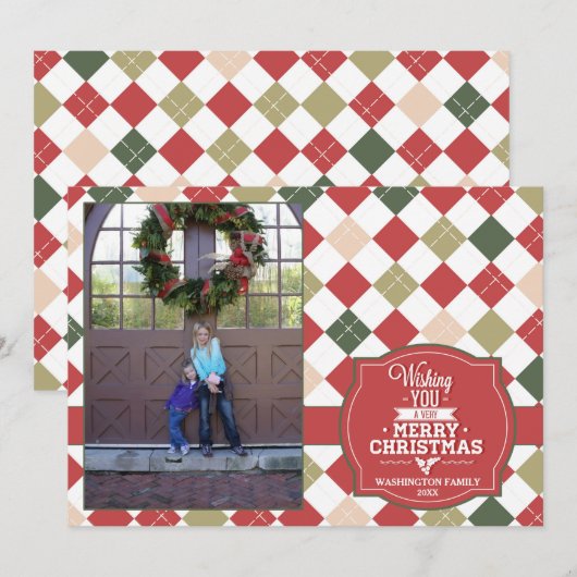 Fotokaart voor kerstfeestdagen in Argyle plaid Feestdagenkaart (Voorkant / Achterkant)