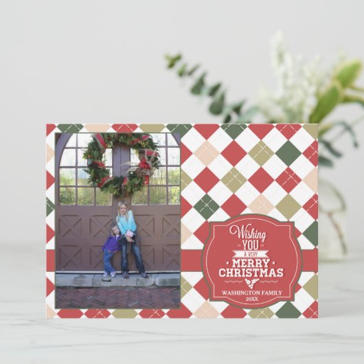 Fotokaart voor kerstfeestdagen in Argyle plaid Feestdagenkaart (Staand voorkant)