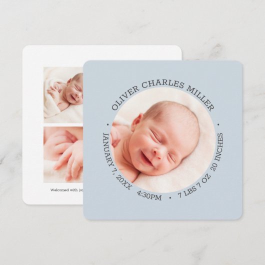 Fotokaart voor moderne blauwe Baby geboorte Aankondiging (Voorkant / Achterkant)
