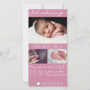Fotokaart voor moderne roze Baby geboorteaankondig Aankondiging