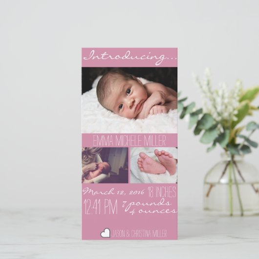 Fotokaart voor moderne roze Baby geboorteaankondig Aankondiging (Staand voorkant)