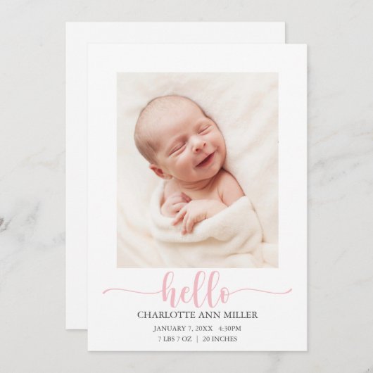 Fotokaart voor roze Hallo Baby ter kondiging van g Aankondiging (Voorkant / Achterkant)