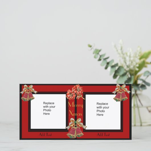 Fotokaart Zwart Goud Bloemen Dubbel Xmas Feestdagenkaart (Staand voorkant)