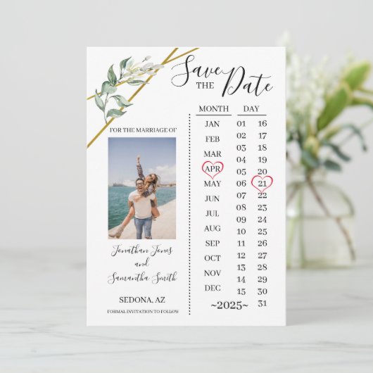 Fotokalender met datum Greenery bruiloft Kaart (Staand voorkant)