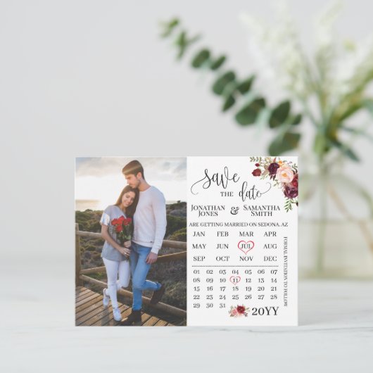 Fotokalender met datum marsala bruiloft briefkaart (Staand voorkant)