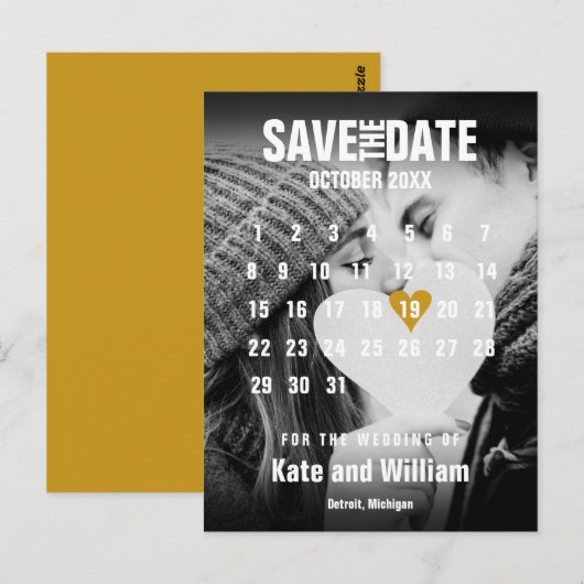 Fotokalender Modern Goud Hart Sla de datum op Briefkaart (Voorkant / Achterkant)