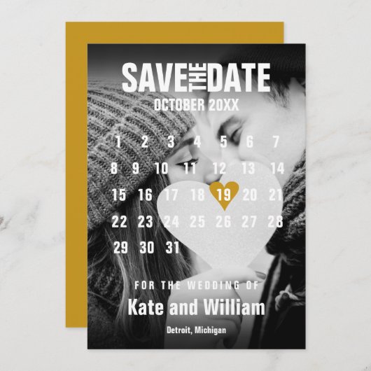 Fotokalender Modern Goud Hart Sla de datum op Kaart (Voorkant / Achterkant)