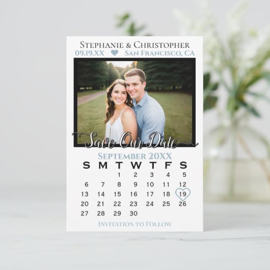 Fotokalender Stusty Blue Wedding Save Our Date Kaart (Staand voorkant)