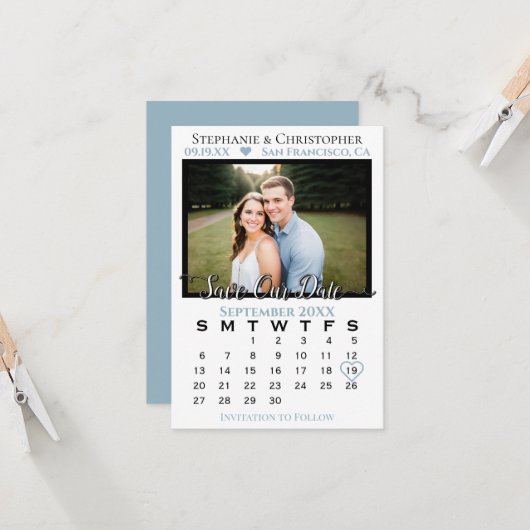 Fotokalender Stusty Blue Wedding Save Our Date Kaart (Voorkant / Achterkant in situ)