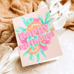 Fotokalligrafie bij meisjespastel kaart<br><div class="desc">Een coole,  girale,  roze,  roze verjaardag met pastelroze,  oranje,  blauwgroen lichtpastelflorale gouache illustratie,  een moderne kalligrafie met een retro-draai.</div>