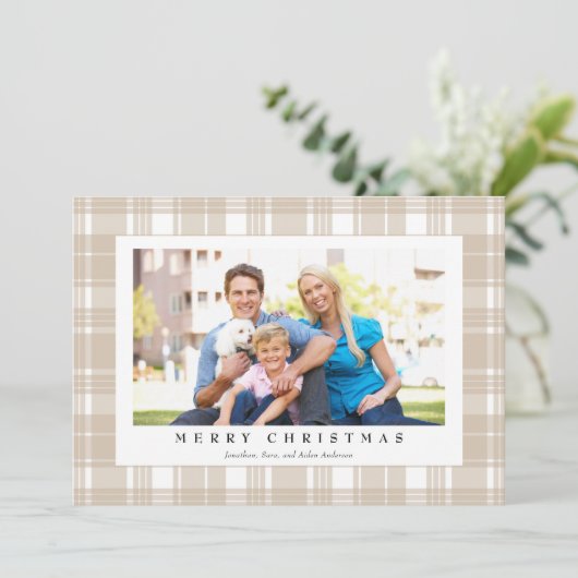 Fotokerstfeest met licht tan feestdagenkaart (Staand voorkant)