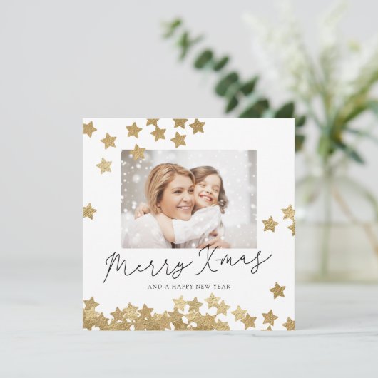 Fotokerstkaart met Golden Falling Stars Kaart (Staand voorkant)
