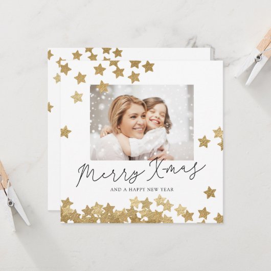 Fotokerstkaart met Golden Falling Stars Kaart (Voorkant / Achterkant in situ)