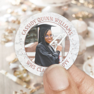 Fotoklasse Jaar Roze Rose Gold Marble Afstuderen Ronde Sticker
