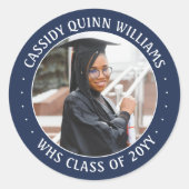 Fotoklasse: Navy Blue White Modern Afstuderen Ronde Sticker (Voorkant)