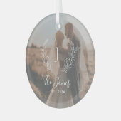 Fotokoppel newlyweds naam monogram elegant glas ornament (Voorkant links)