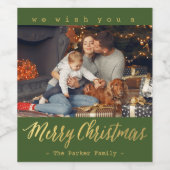 Fotolabel goud "Vrolijk kerstfeest" groen Wijn Etiket (Enkel label)