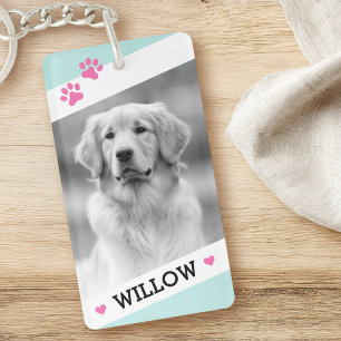 Fotolichtaqua blauw witte rand naam hond sleutelhanger