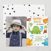 Fotomodel Dinosaurus Verjaardagsuitnodiging Jongen Kaart (Voorkant / Achterkant)