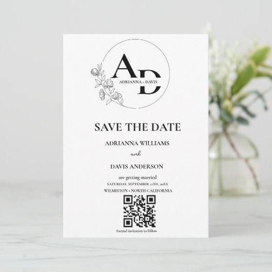 Fotomonogram minimalistische QR-code bruiloft Save The Date (Staand voorkant)