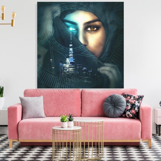 Fotomontage Lady Cityscape Canvas Afdruk (Insitu (Woonkamer))
