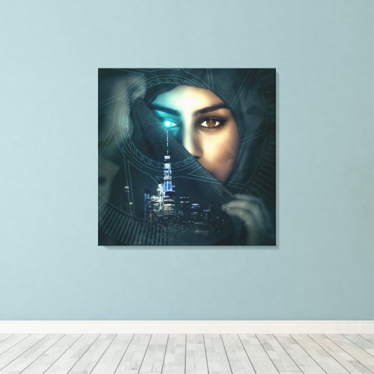 Fotomontage Lady Cityscape Canvas Afdruk (Insitu (Houten vloer))