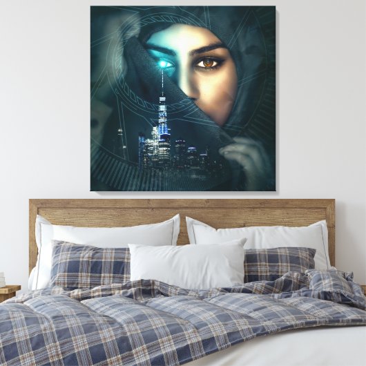 Fotomontage Lady Cityscape Canvas Afdruk (Insitu (Slaapkamer))