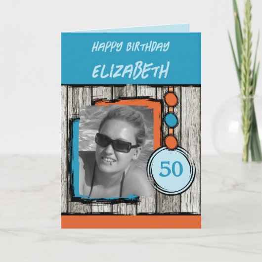 Fotonaam blauw oranje 50e verjaardag toevoegen kaart (Voorkant)