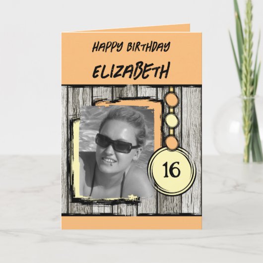 Fotonaam oranje geel 16e verjaardag toevoegen kaart (Voorkant)