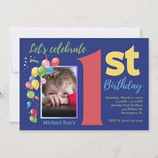 Fotopartij in kleurrijke 1e verjaardag Uitnodiging (Voorkant)