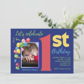 Fotopartij in kleurrijke 1e verjaardag Uitnodiging (Staand voorkant)