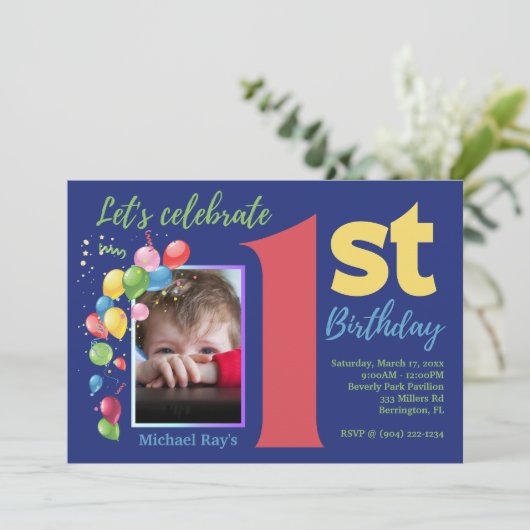Fotopartij in kleurrijke 1e verjaardag Uitnodiging (Staand voorkant)