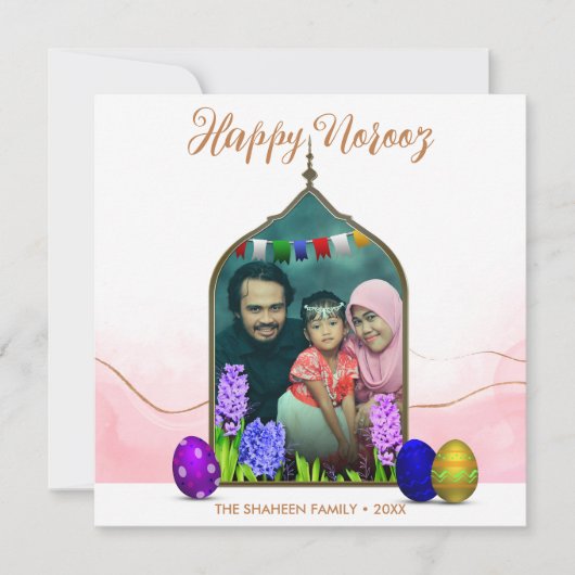 Fotopasta roze kleurige eitjes Happy Norooz Feestdagenkaart (Voorkant)