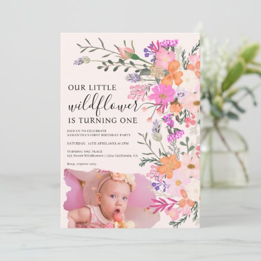 Fotopastel - wildbloem - lente 1e verjaardag kaart (Staand voorkant)