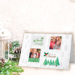 Fotoposters en kerstbomen feestdagen kaart<br><div class="desc">Kerstkaart met  postzegels,  op maat gemaakt met 2 van uw favoriete foto's en aangepaste begroeting binnenin. Het ontwerp is voorzien van vier stempels met kersttekst (Merry & Bright,  Let it Snow and Merry Kerstmis) en een achtergrondpatroon van doodled-kerstbomen in een algemeen kleurenpalet van groen en grijs.</div>